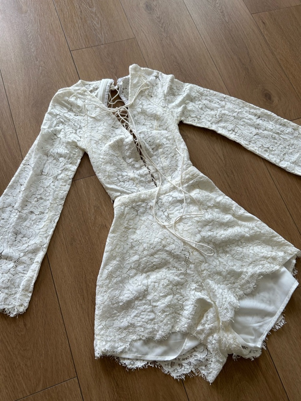 Olivaceous Lace Long-Sleeve Romper with Lace-Up Front and Back